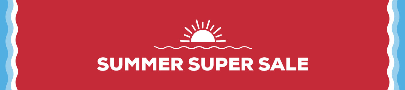 Summer Super Sale white text on red background with rising sun graphic