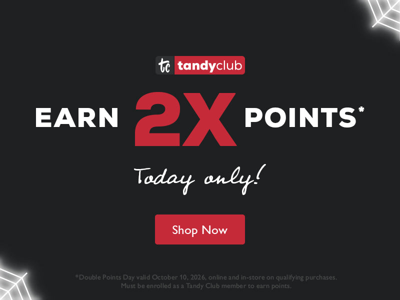 Promotional graphic for Tandy Club offering 2x points today only, with a red and white Shop Now button on a dark background.