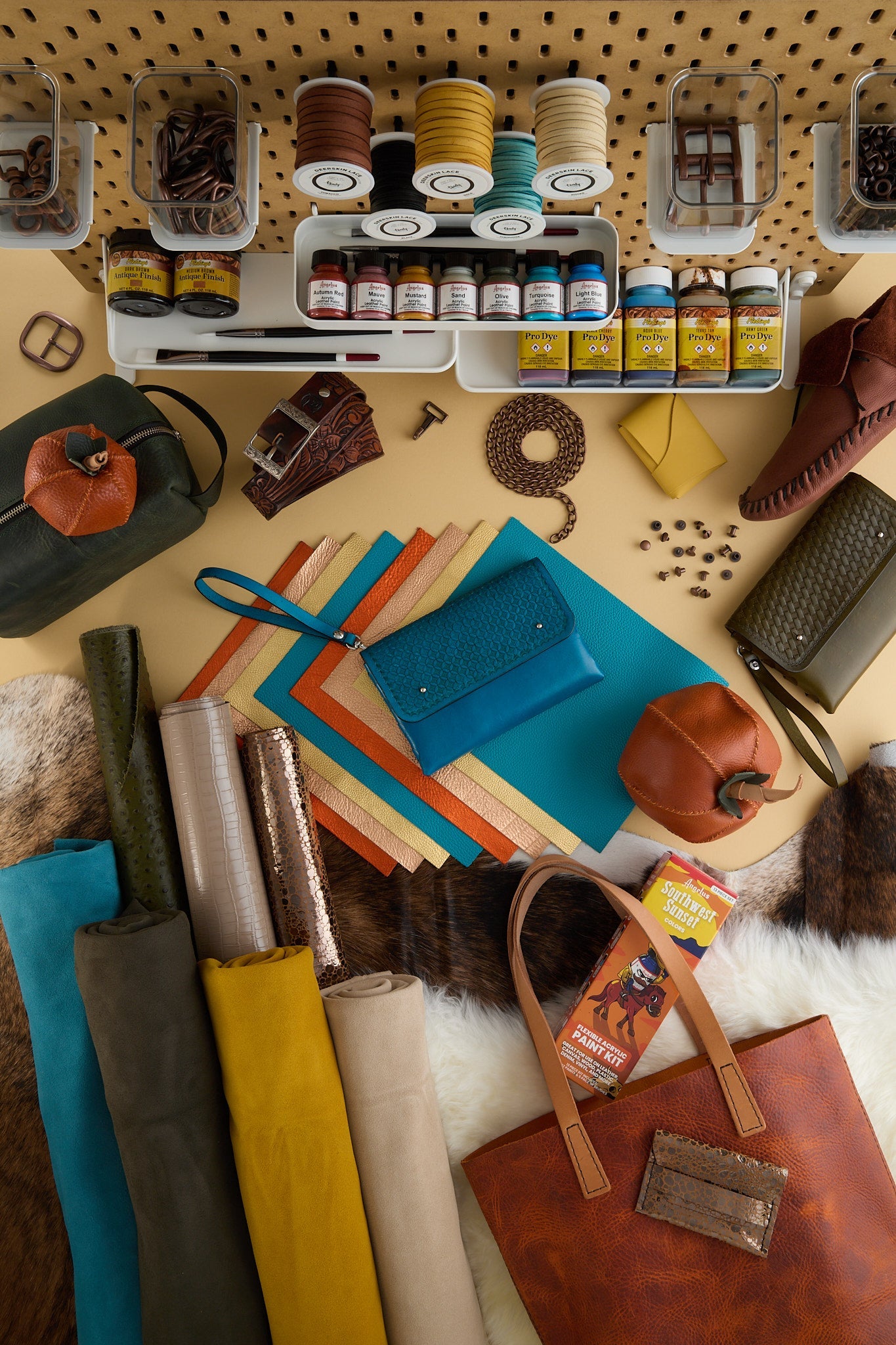 Fall Favorites: leather, paints, dyes, lace and finished projects in autumn colors