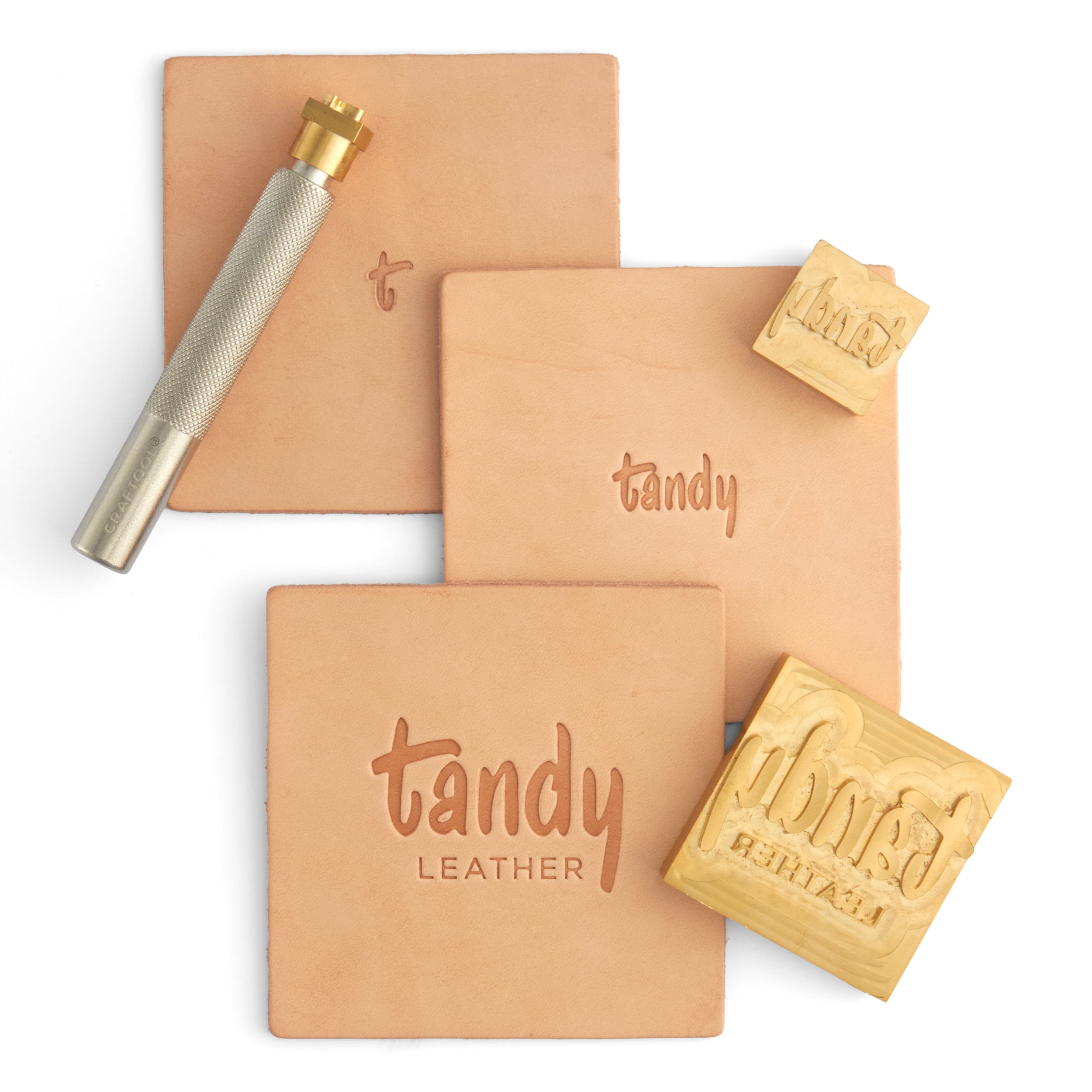 A leatherworking kit featuring a silver metal punch tool with a brass collar, three natural tan leather sheets, and two wooden stamps branded 'tandy LEATHER', arranged on a clean white background.