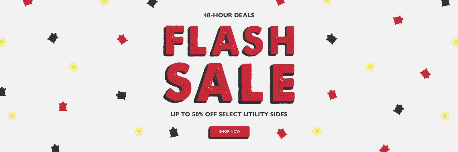 Promotional banner with the words 'FLASH SALE' in large red letters, smaller text reading '48-HOUR DEALS' and 'UP TO 50% OFF SELECT UTILITY SIDES,' plus a red 'SHOP NOW' button on a white background with scattered red, black, and yellow star-like confetti.