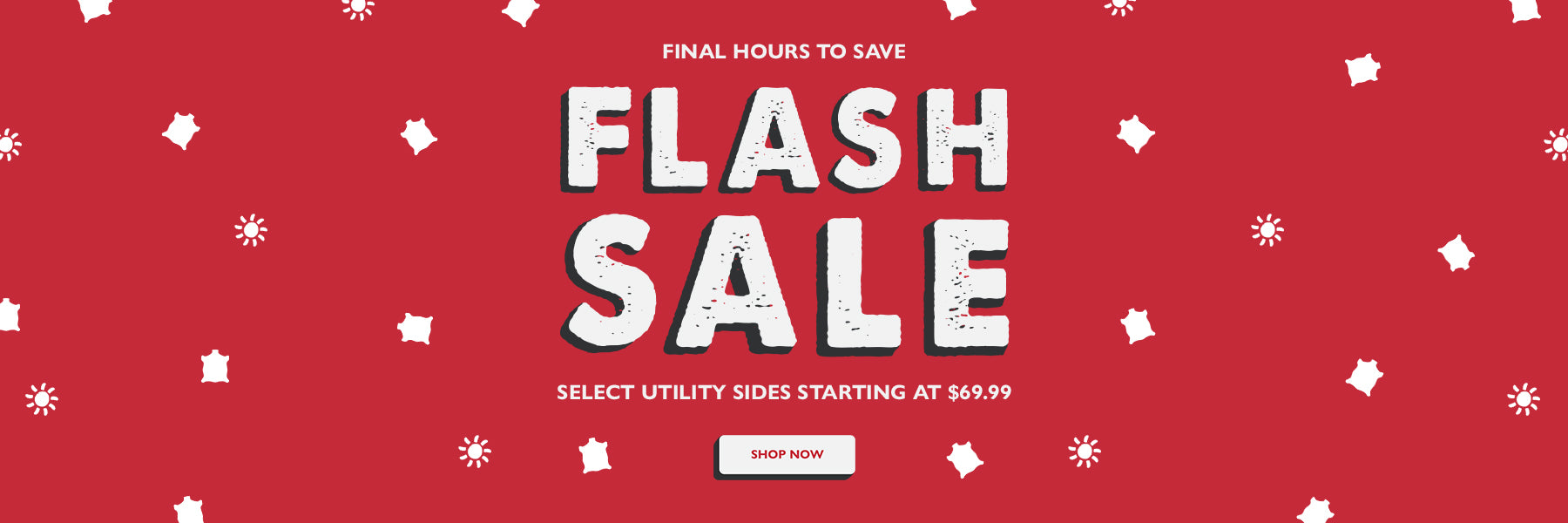 A promotional sale banner with a bright red background, white decorative snowflake-like shapes, and large centered text reading 'FLASH SALE' with smaller text above and below and a white 'SHOP NOW' button.