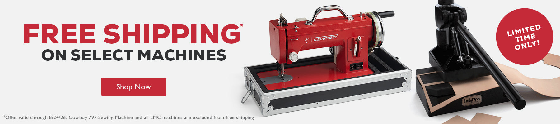 Promotional banner showing a red sewing machine in the center with text reading 'FREE SHIPPING ON SELECT MACHINES' and a red 'Shop Now' button, alongside other sewing machines and a circular 'Limited Time Only!' badge on a white background.