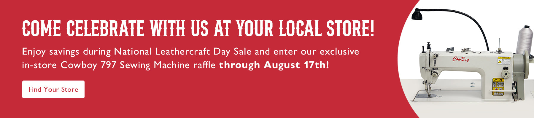 Promotional banner for a sewing machine giveaway, featuring a white and silver sewing machine on the right against a red background, with text on the left inviting customers to visit a local store for a leathercraft day sale raffle.